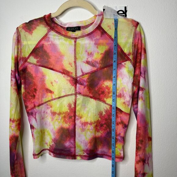Club Exx Long Sleeve Mesh Crop and Matching Mini Skirt Tie Dye Pink Yellow Red L - Picture 9 of 13